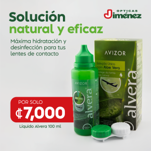 Solución natural y eficaz Máxima hidratación y desinfectación para tus lentes de contacto Por solo siete mil colones. Líquido Alvera 100 ml 