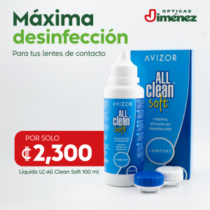 Máxima desinfectación Para tus lentes de contacto Por solo dos mil trecientos colones Líquido UC all clean soft de 100 ml 