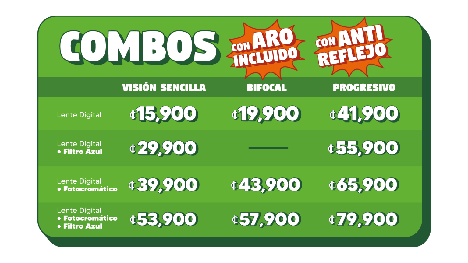 Combos con aro incluido y con anti reflejo. Lente digital con visión sencilla en 15,900 colones, lente digital bifocal en 19,900 colones, lente digital progresivo en 41,900 colones. Lente digital más filtro de luz azul con visión sencilla en 29,900 colones, lente digital más filtro de luz azul progresivo en 55,900 colones. Lente digital más fotocromático con visión sencilla en 39,900 colones, lente digital más fotocromático bifocal en 43,900 colones, lente digital más fotocromático progresivo en 65,900 colones. Lente digital fotocromático más filtro azul con visión sencilla en 53,900 colones, lente digital fotocromático con filtro azul y bifocal en 57,900 colone, lente digital fotocromático con filtro de luz azul y progresivo en 79,900 colones.