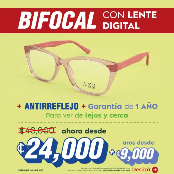 Bifocal con lente digital + antirreflejo + garantía de 1 año para ver de lejos y de cerca. Antes 40 mil colones ahora desde 24 mil colones + aros desde 9 mil colones