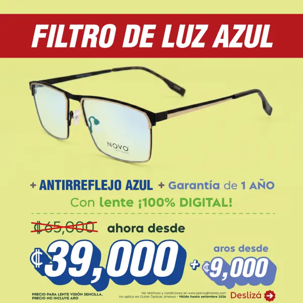 Filtro de luz azul + antirreflejo + garantía de un año. Con lente ¡100% digital! Antes 65 000, ahora desde 39 mil más aros desde 9 mil colones.