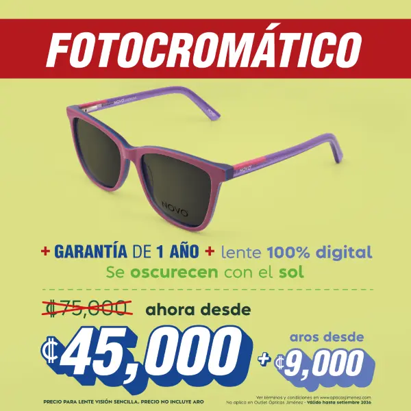 Fotocromático + Garantía de 1 año + lente 100% digital. Se oscurece con el sol. Antes 75 mil, ahora desde 45 mil + aros desde 9 mil colones.